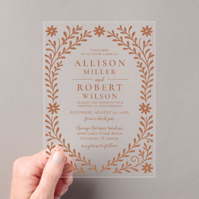 Elegant Boho Terracotta Floral Wedding Acryleinladungen (Insitu (Handheld))