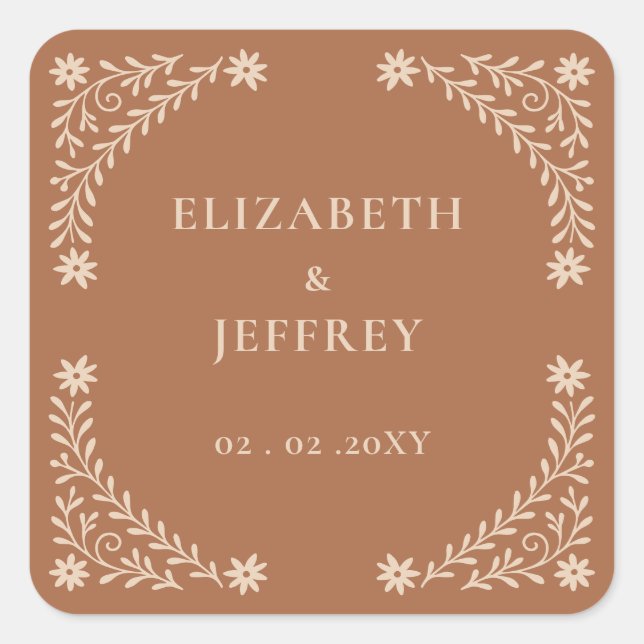 Elegant Boho Terracotta Floral Wedding Quadratischer Aufkleber (Vorderseite)