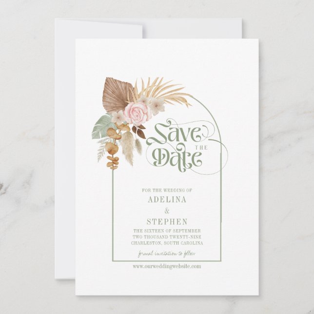 Elegant Boho Tropical Dried Blume Arch QR Code Save The Date (Vorderseite)