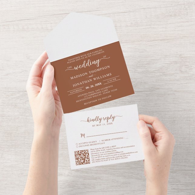 Elegant Boho UAWG QR Code Terracotta Wedding All In One Einladung (Abreißen)