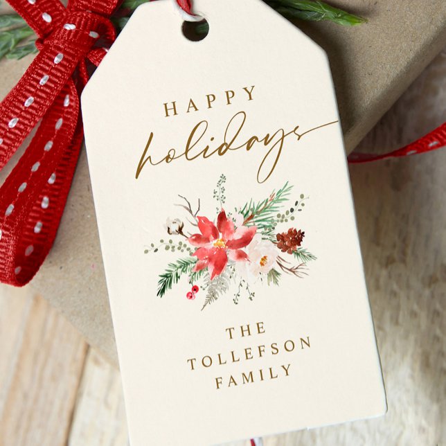Elegant Boho Vintag Poinsettia Grün Weihnachten Geschenkanhänger (Elegant Boho Vintage Christmas Gift Tag - Poinsettia and Greenery with Cream and Gold)