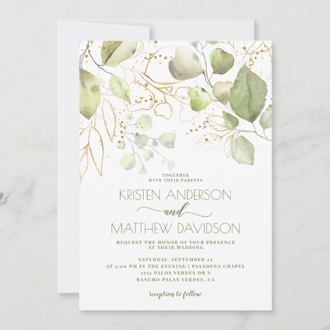 Elegant Boho Watercolor Grüne Goldene Hochzeit Einladung (Vorderseite)