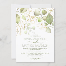 Elegant Boho Watercolor Grüne Goldene Hochzeit Einladung
