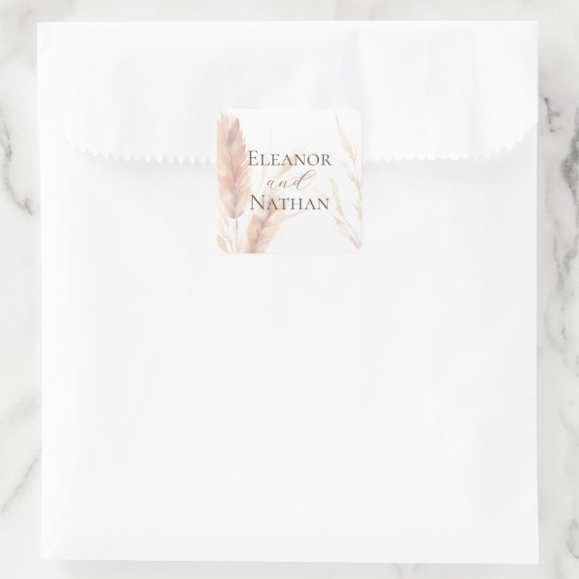 Elegant Boho Watercolor Pampas Hochzeit im Herbst Quadratischer Aufkleber (Tasche)