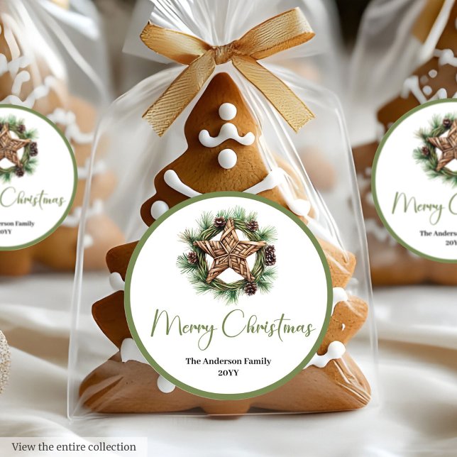 Elegant Boho Watercolor Pine Wreath Christmas Runder Aufkleber (Elegant Boho Watercolor Pine Wreath Christmas Sticker

)