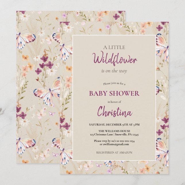Elegant Boho Watercolor Wildblume Baby Shower Einladung (Vorne/Hinten)