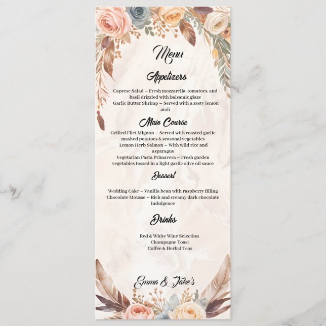 Elegant Boho Wedding Menu Menükarte (Vorderseite)