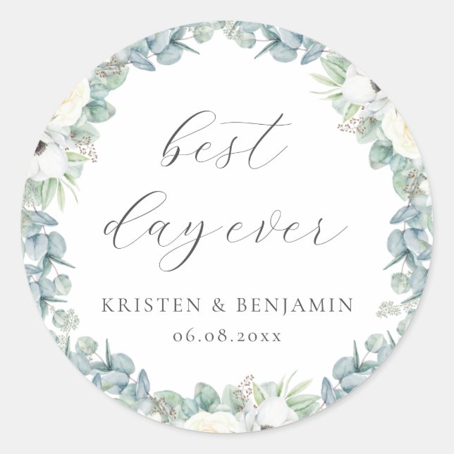 Elegant Boho Weiße Blumengrün Gastgeschenk Hochzei Runder Aufkleber (Vorderseite)