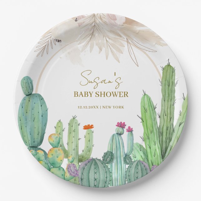 Elegant Boho Western Cactus Arch Baby Shower Pappteller (Vorderseite)