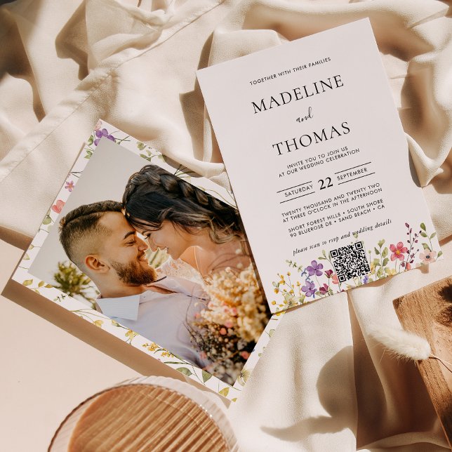 Elegant Boho Wild Blume Foto QR Code Wedding Einladung (Von Creator hochgeladen)