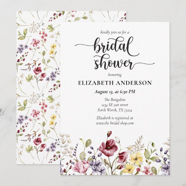 Elegant Boho Wildblume Bridal Dusche Einladung (Vorne/Hinten)