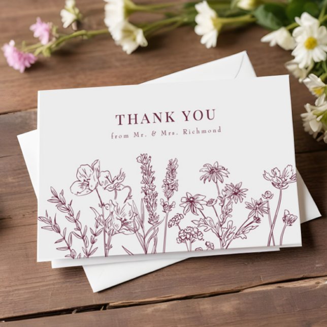 Elegant Boho Wildblume Burgundy Wedding Dankeskarte (Von Creator hochgeladen)