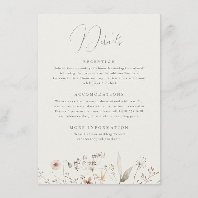 Elegant Boho Wildblume Hochzeiten Details Begleitkarte (Vorderseite)