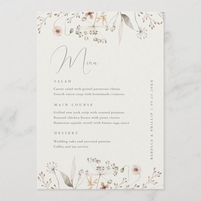 Elegant Boho Wildblume Hochzeitsessen Menükarte (Vorderseite)