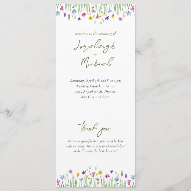 Elegant boho Wildblume Script Wedding Programm (Vorderseite)