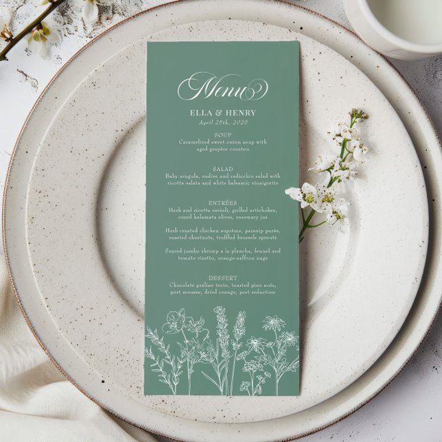 Elegant Boho Wildblume Spring Green Wedding Menükarte (Von Creator hochgeladen)
