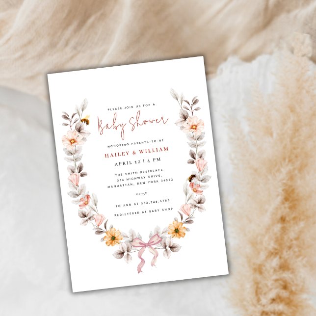 Elegant Boho Wildblume Wreath Baby Shower Einladung (Elegant Boho Wildflower Wreath Baby Shower Invitation)