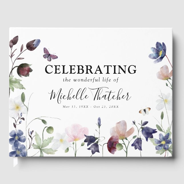 Elegant Boho Wildblumen Beileid Memorial Gästebuch (Vorderseite)