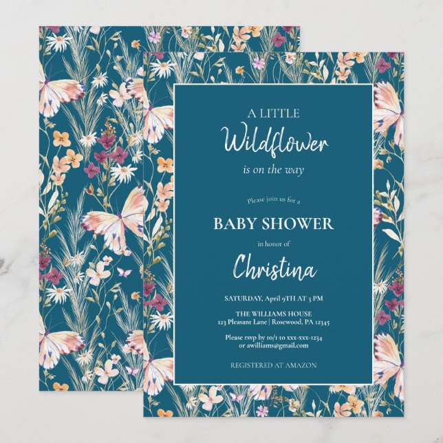 Elegant Boho Wildblumen Blue Baby Shower Einladung (Vorne/Hinten)