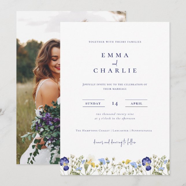Elegant Boho Wildblumen Foto Wedding Einladung (Vorne/Hinten)
