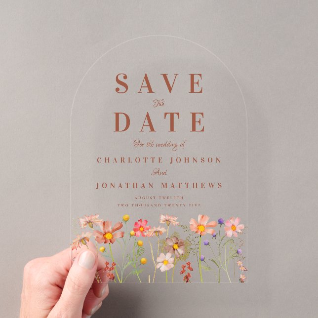 Elegant Boho Wildflower Meadow Wedding Acryleinladungen (Insitu (Handheld))