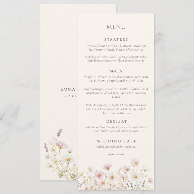 Elegant Boho wildflowers Script Wedding  Menükarte (Vorne/Hinten)