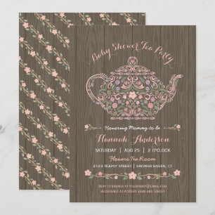 Elégant bois théière Baby Girl Douche Invitation