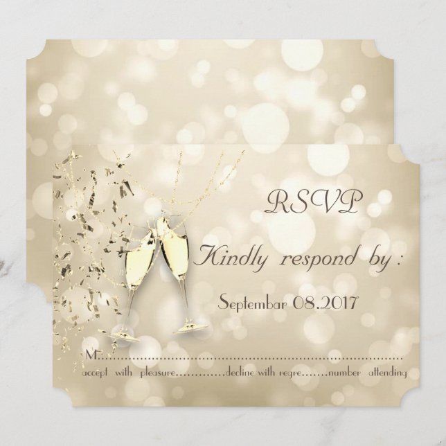 Elegant Bokeh, Confetti Wine Glasses RSVP Card Einladung (Vorne/Hinten)