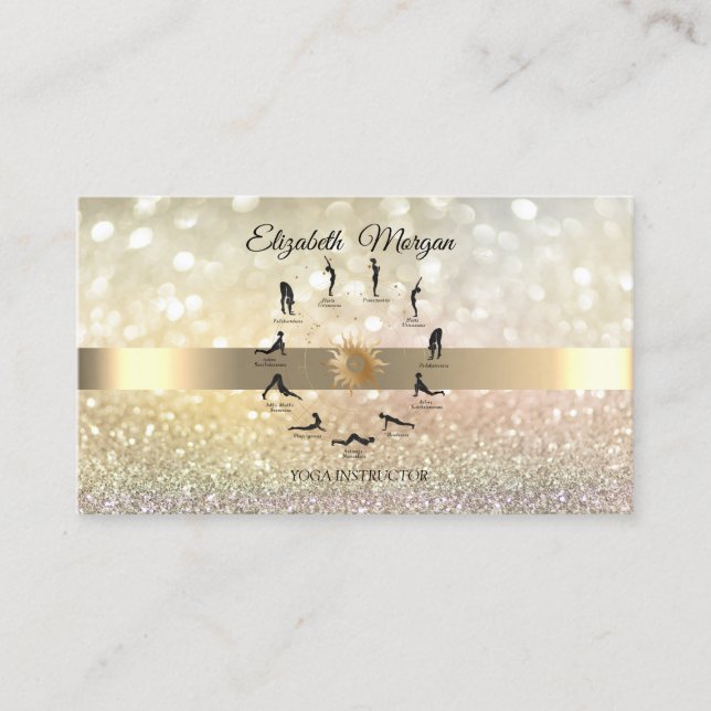 Elegant Bokeh Gold, Yoga Instructor Silhouette Visitenkarte (Vorderseite)