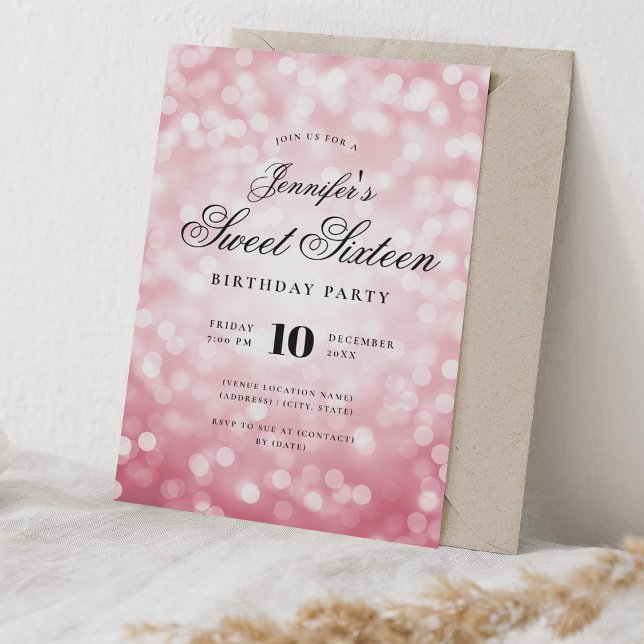 Elegant Bokeh Lights Script Sweet 16 Blush Pink Einladung (Elegant Bokeh Lights Script Sweet 16 Blush Pink Invitation)