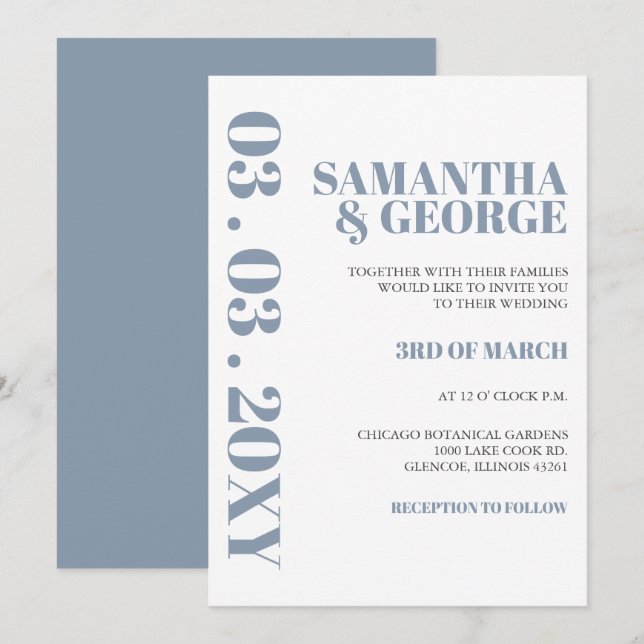 Elegant Bold Dusty Blue Modern Wedding Einladung (Vorne/Hinten)