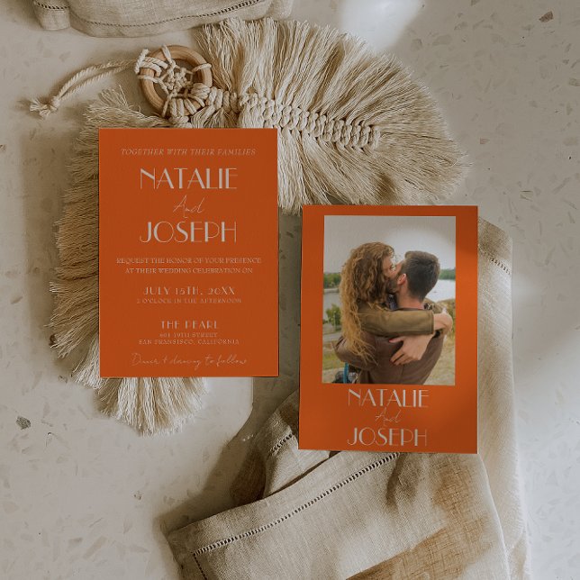 Elegant Bold Orange Stylish Retro Photo Wedding Einladung (Von Creator hochgeladen)