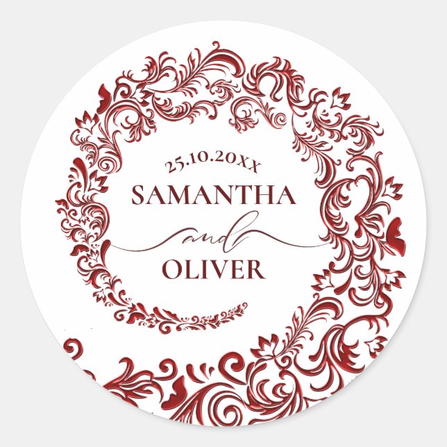Elegant Bold Red Damask Wedding Runder Aufkleber (Vorderseite)