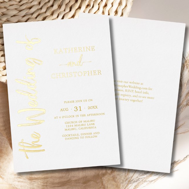 Elegant Bold Script Gold White Formal Wedding Folieneinladung (Elegant Bold Script Gold Foil Formal Wedding Invitation with vertical text. QR code for website.)