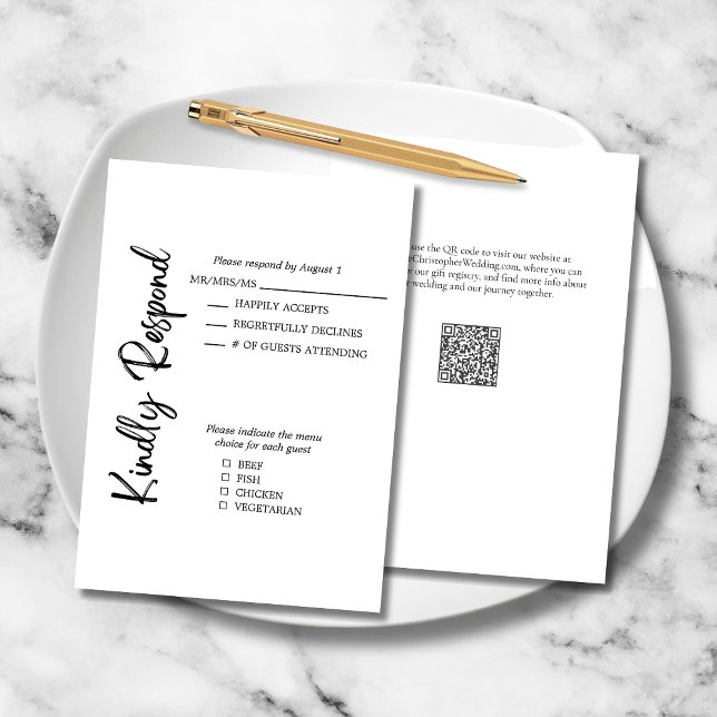 Elegant Bold Script Schwarz-weiß Formal Wedding RSVP Karte (Black White Formal Elegant Wedding Kindly Respond RSVP Card with Menu Options, QR Code, Website.)