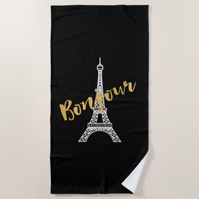 Elegant Bonjour Eiffel Tower Strandtuch (Vorderseite)