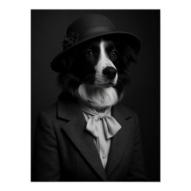 Elegant Border Collie in Cloche Hat & Bow Poster (Vorderseite)