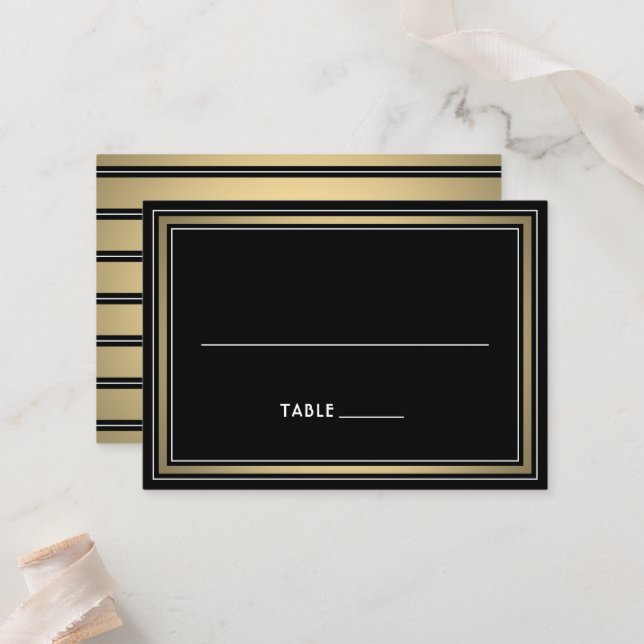 Elegant Border Large Black & Gold Striped Escort / Platzkarte (Vorderseite/Rückseite Beispiel)
