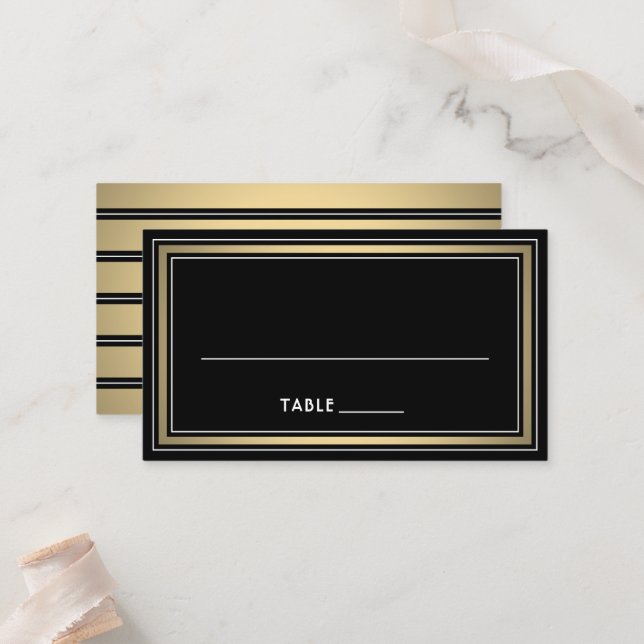 Elegant Border Striped Black and Gold Escort / Platzkarte (Vorderseite/Rückseite Beispiel)