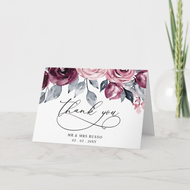  Elegant Botanical Blush Burgundy Floral Wedding Dankeskarte (Vorderseite)