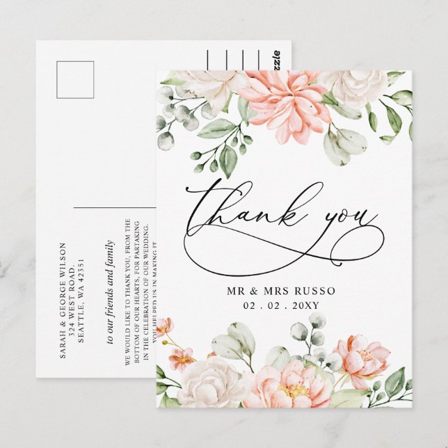 Elegant Botanical Blush Pink Floral Thank You Postkarte (Vorne/Hinten)