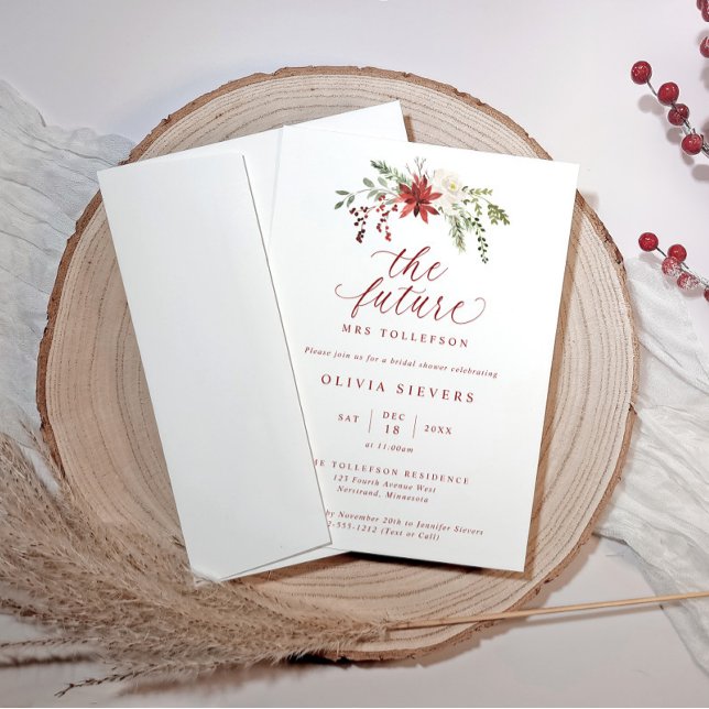Elegant Botanical Christmas Bridal Shower Einladung (Elegant winter bridal shower design with “The Future Mrs” and watercolor greenery and red berries.)