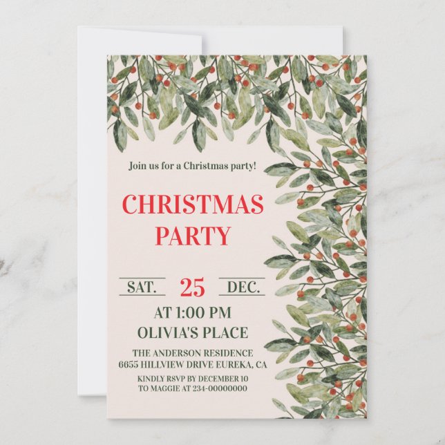 Elegant Botanical Christmas Party Invitation Einladung (Vorderseite)