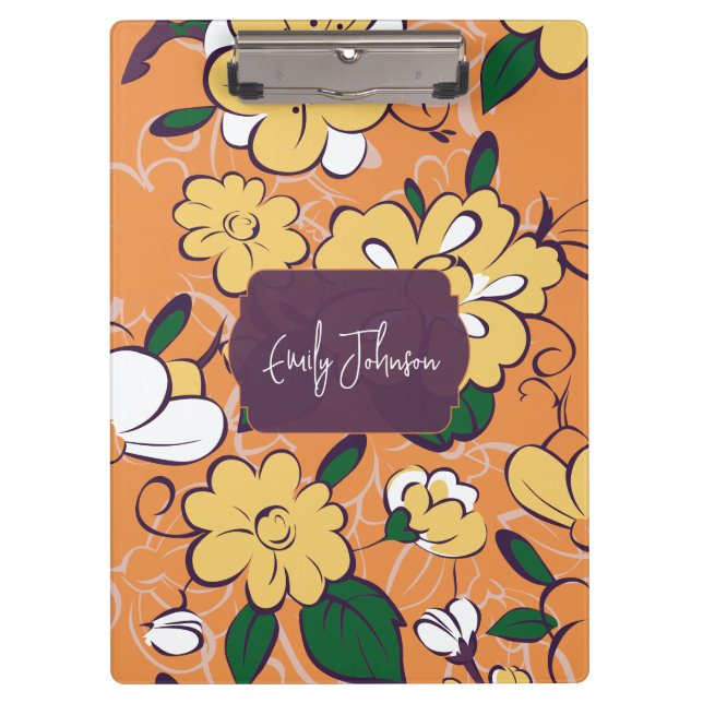 Elegant Botanical Custom Name Orange White Floral Klemmbrett (Vorderseite)