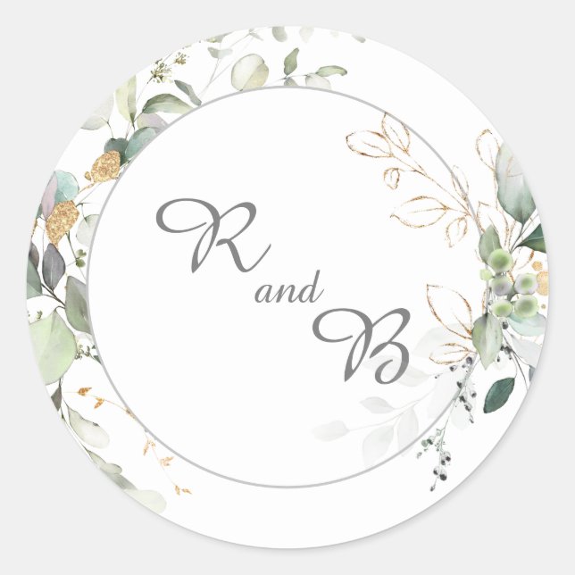 Elegant Botanical Eukalyptus Greenerity Monogram Runder Aufkleber (Vorderseite)