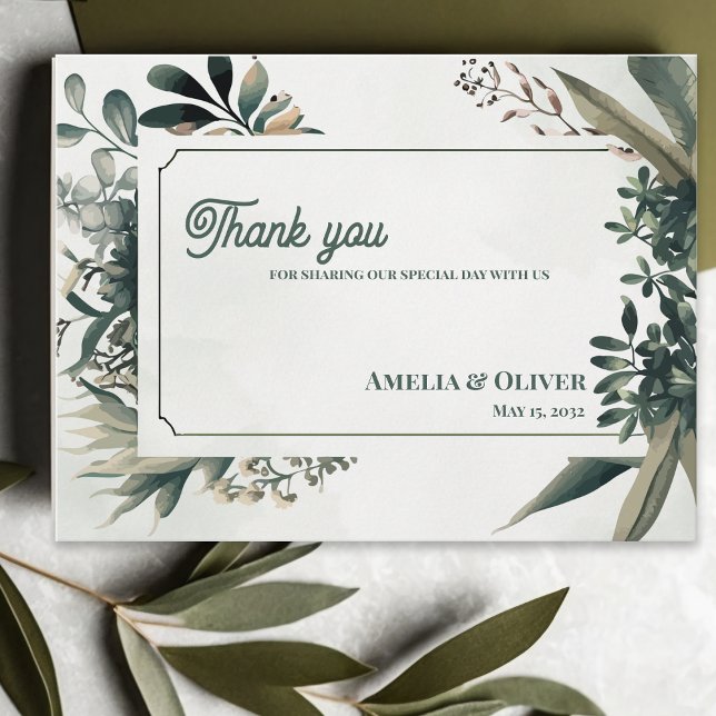 Elegant Botanical Greenery Wedding Thank You Postkarte (Elegant Botanical Greenery Wedding Thank You Card | Sage Green Garden Wedding Thank You)