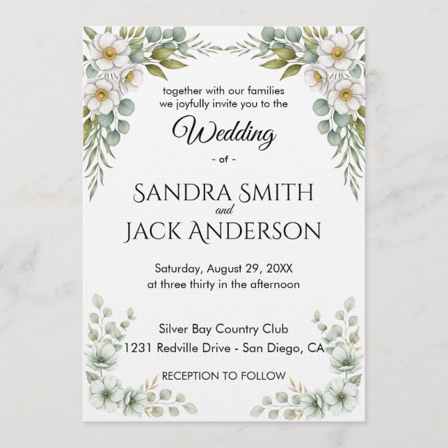 Elegant Botanical Greenery & White Floral Wedding Einladung (Vorderseite)