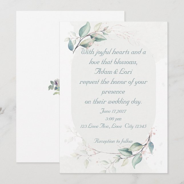 Elegant Botanical Love Wedding Einladung (Vorne/Hinten)