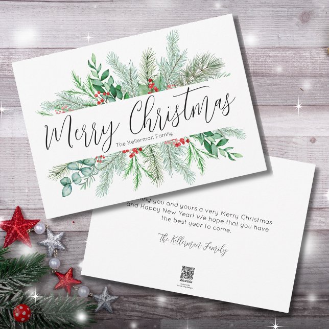 Elegant Botanical Merry Christmas Greenery Feiertagskarte (Merry Christmas Red Greenery Berries Holiday Card)