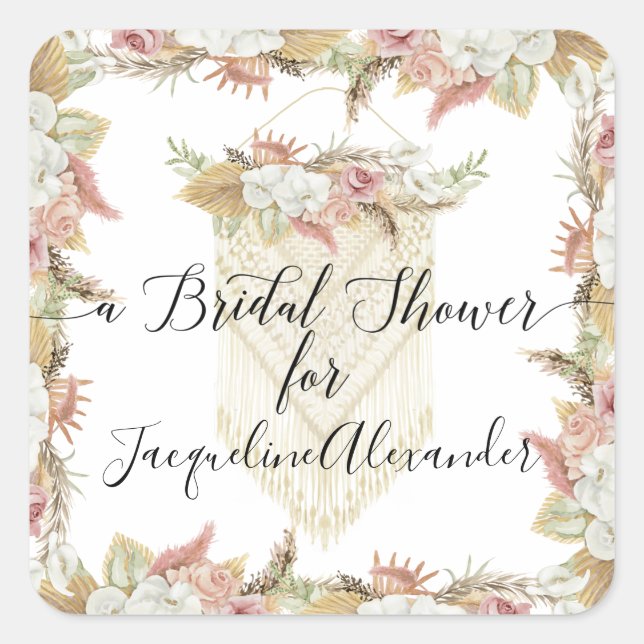 Elegant Botanical Pampas Greenery Floral Bridal Quadratischer Aufkleber (Vorderseite)